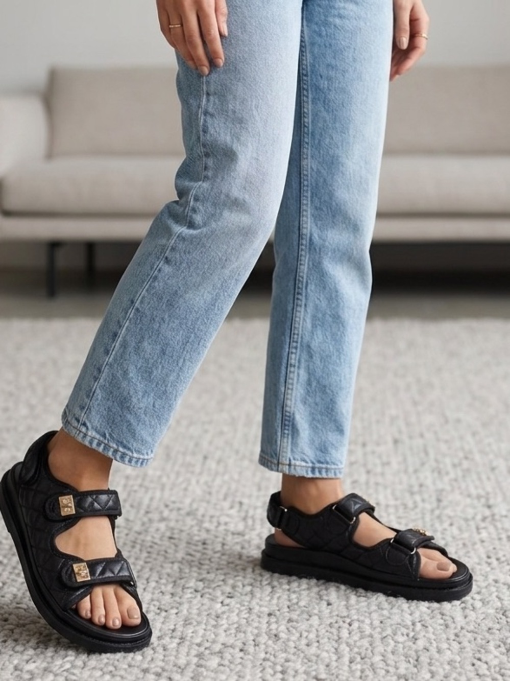 Quilted Black Comfort-Strap Sandals - Women